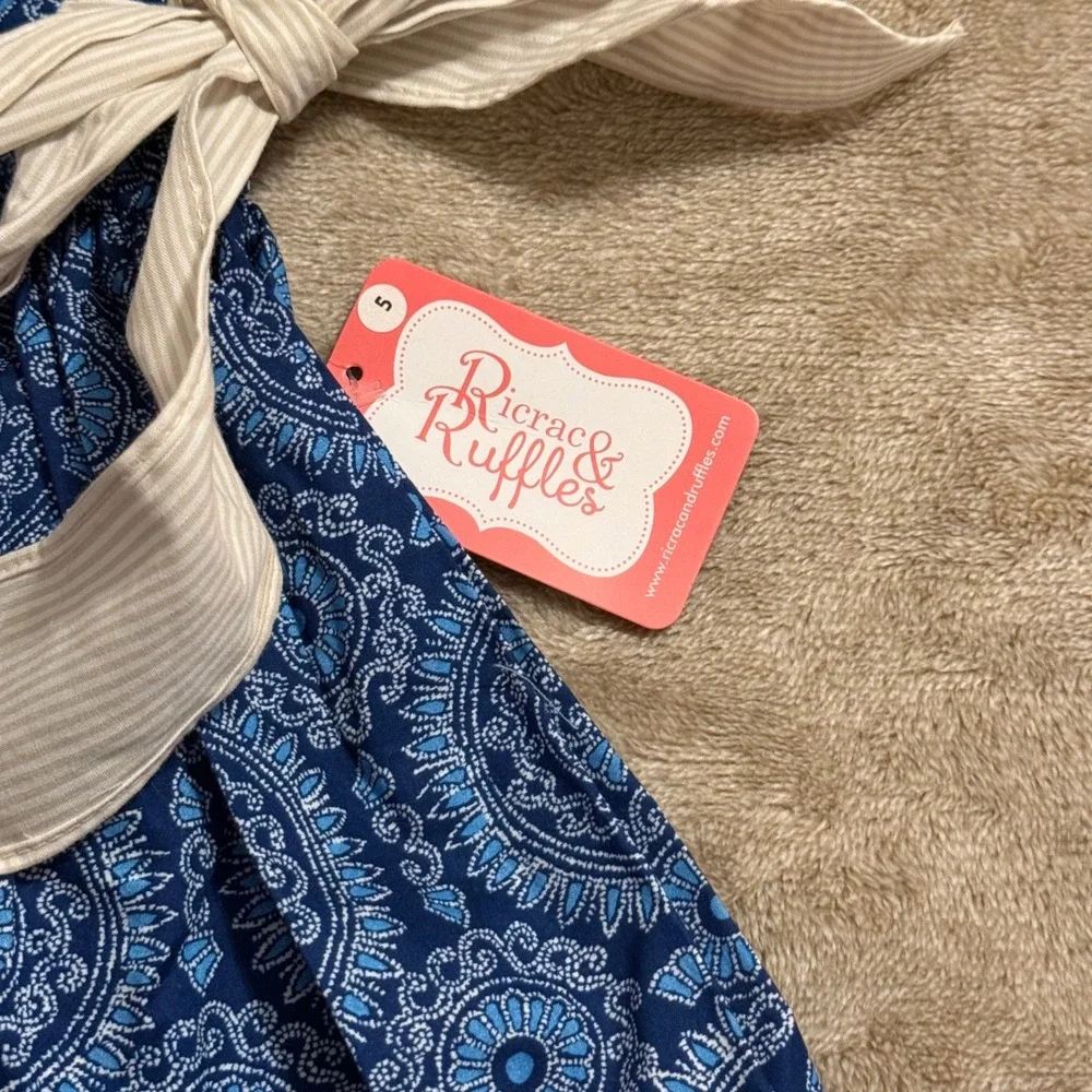 Ricrac & Ruffles Girls Blue Medallion Dress and Striped Bloomer Set Size 5 NWT
